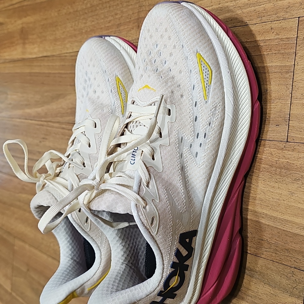 Hoka Women's Cream and Yellow Athletic Shoes. Worn 3 Times